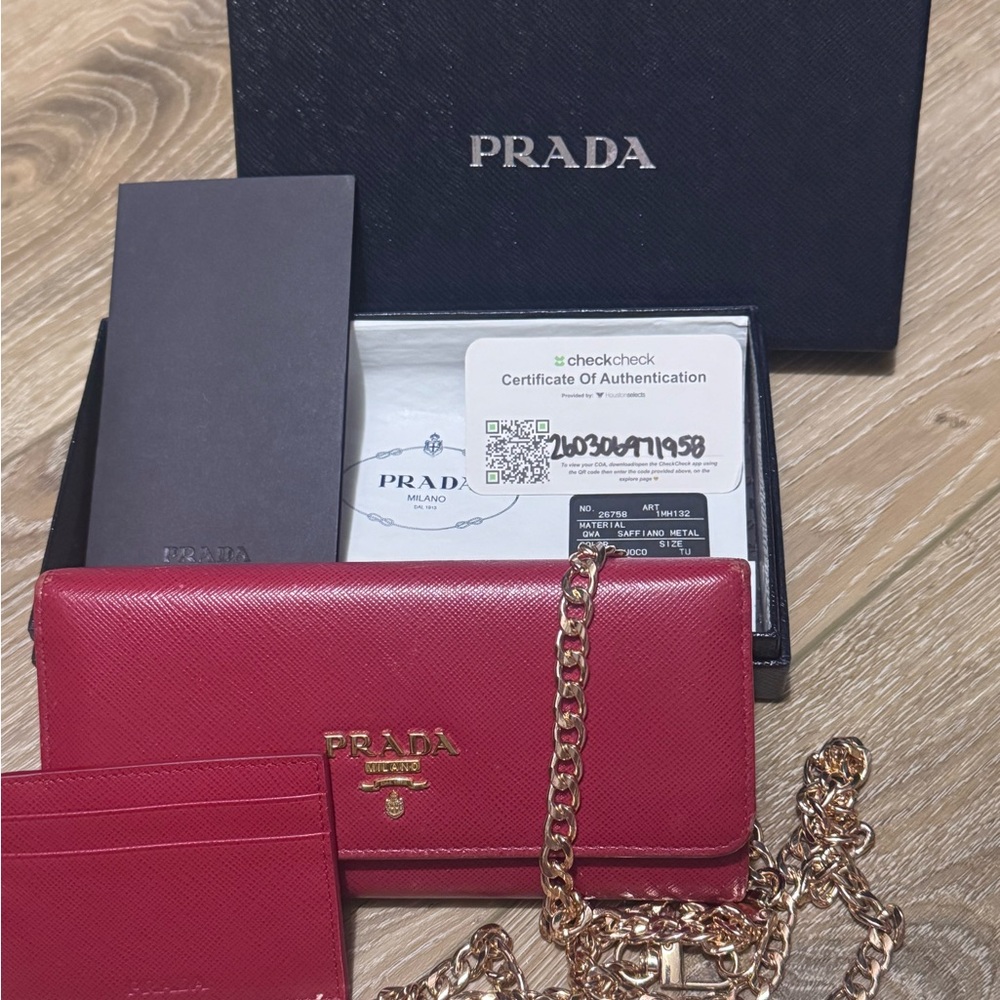 Prada Saffiano Leather Wallet On Chain Fuoco Red Gold Hardware Crossbody 1MH132